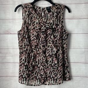 Ann Taylor Pink Black Sleeveless Sheer Animal Print Blouse Ruffle Front Size 6